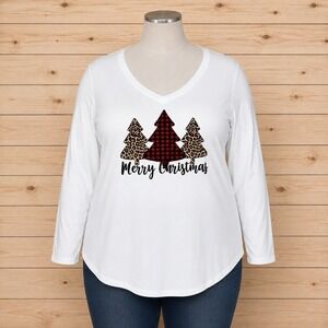 NWT Women's XL  Merry Christmas Leopard Plaid Tree V-Neck Long Sleeve Top [A2]